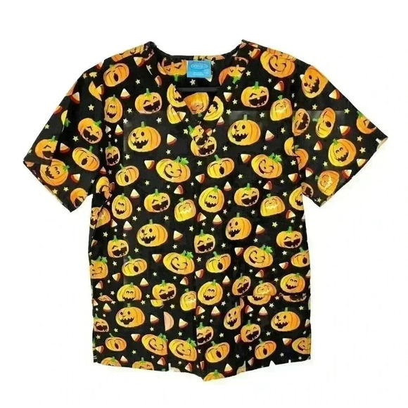 The Scrub Company Tops - The Scrub Co Sz Large Halloween Scrub Top Pumpkin Jack-o-lantern Candy Corn Star